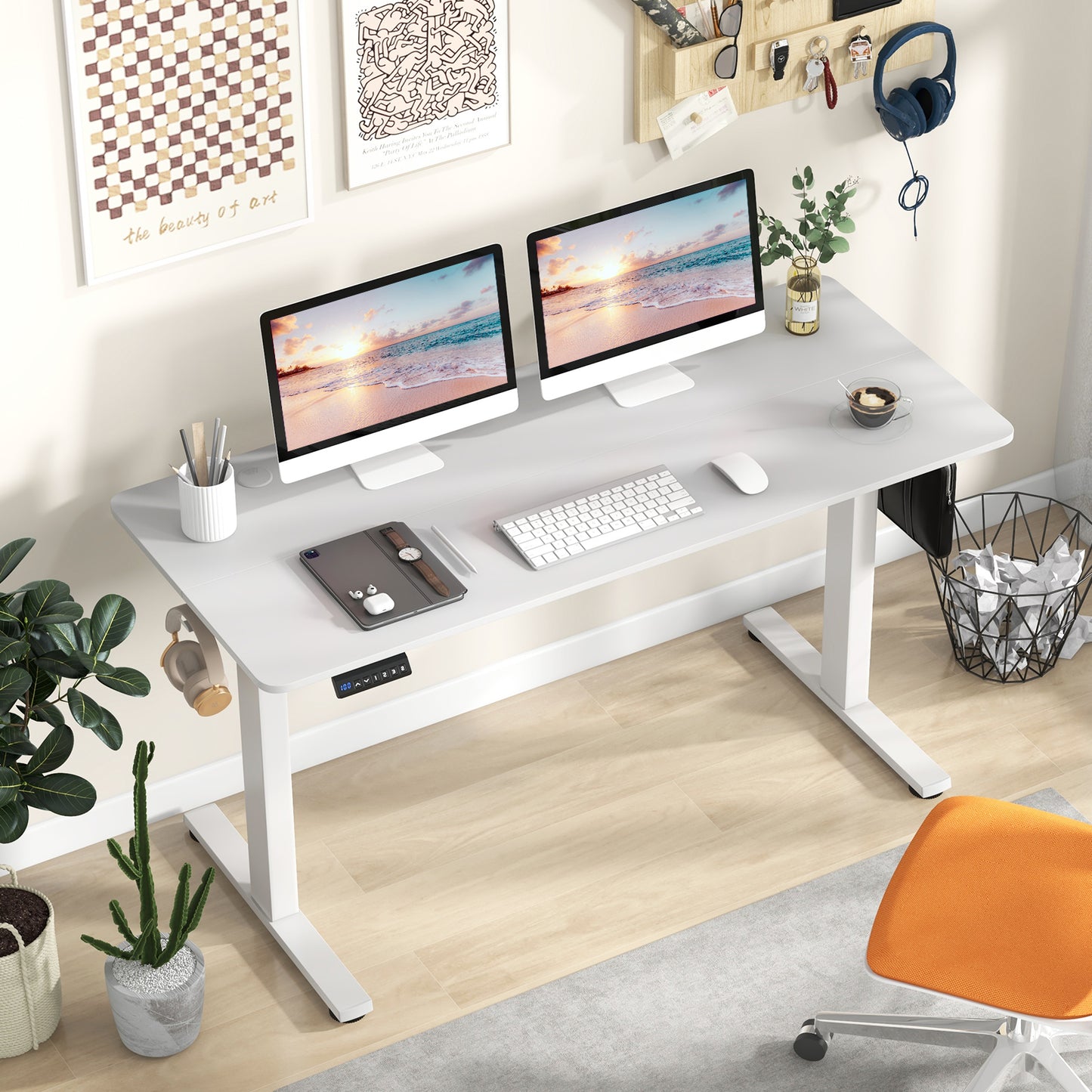 140 x 60 CM Height Adjustable Standing Desk with 3 Memory Heights-White, Costway, 1