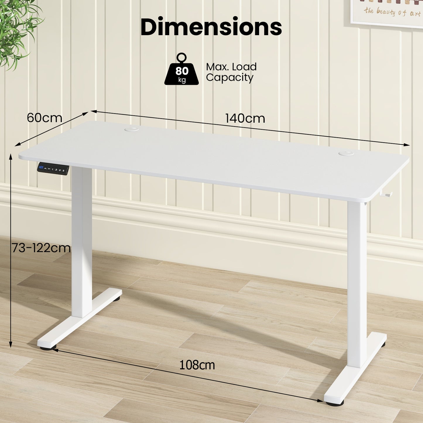 140 x 60 CM Height Adjustable Standing Desk with 3 Memory Heights-White, Costway, 1