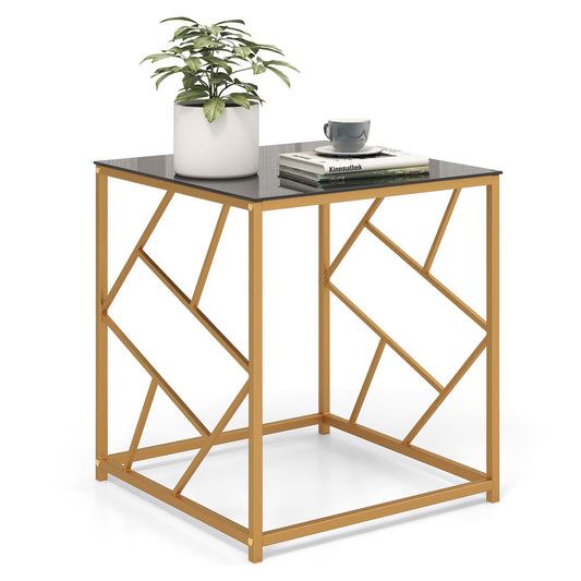 Bedside Table, Side Table, Square End Table with Tempered Glass and Gold Finish Geometric Frame, Black, Costway, 1