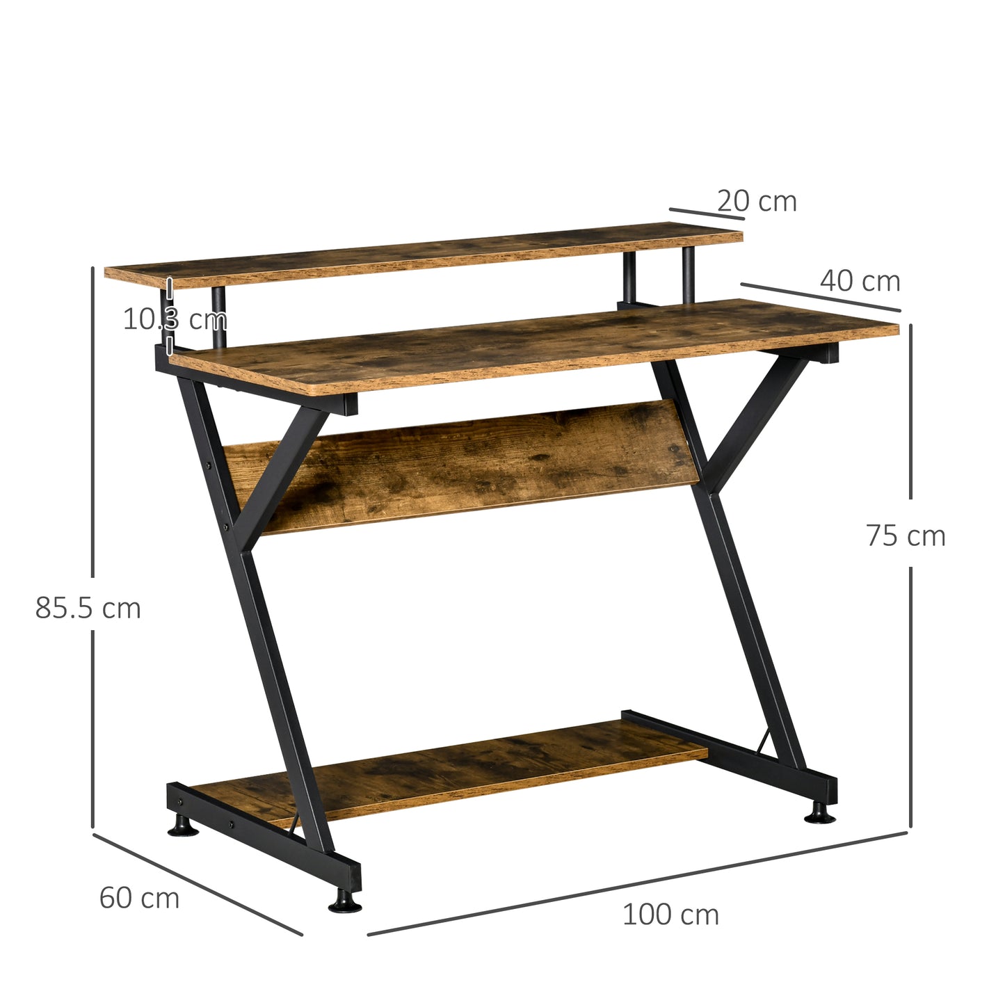 Industrial Computer Desk with Monitor Stand, 100 x 60cm Compact Desk for Small Spaces, Home Office Desk, Rustic Brown, HOMCOM, 3