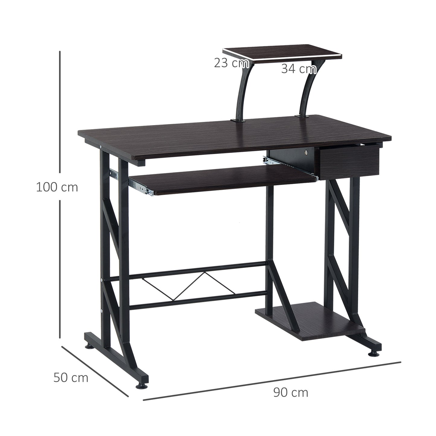 Computer Desk with Display Stand, Sliding Keyboard Tray Drawer and Host Box Shelf Home Office Workstation Dark Brown, HOMCOM, 3