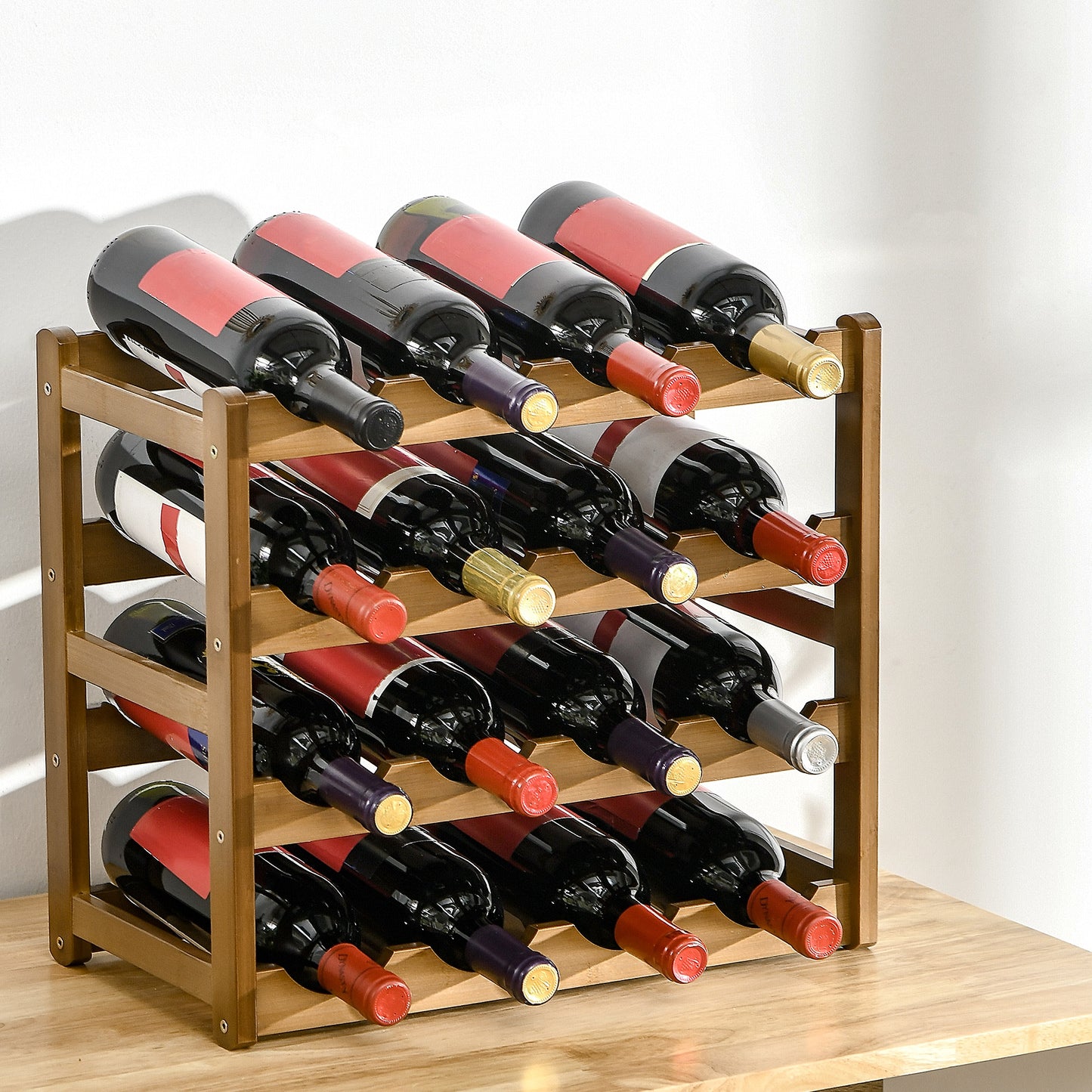 Free Standing Bamboo Wine Rack with 16 Bottles Holder, 4-tier Water Bottle Organizer, Display Shelf for Countertop, Home Bar, Brown, HOMCOM, 2