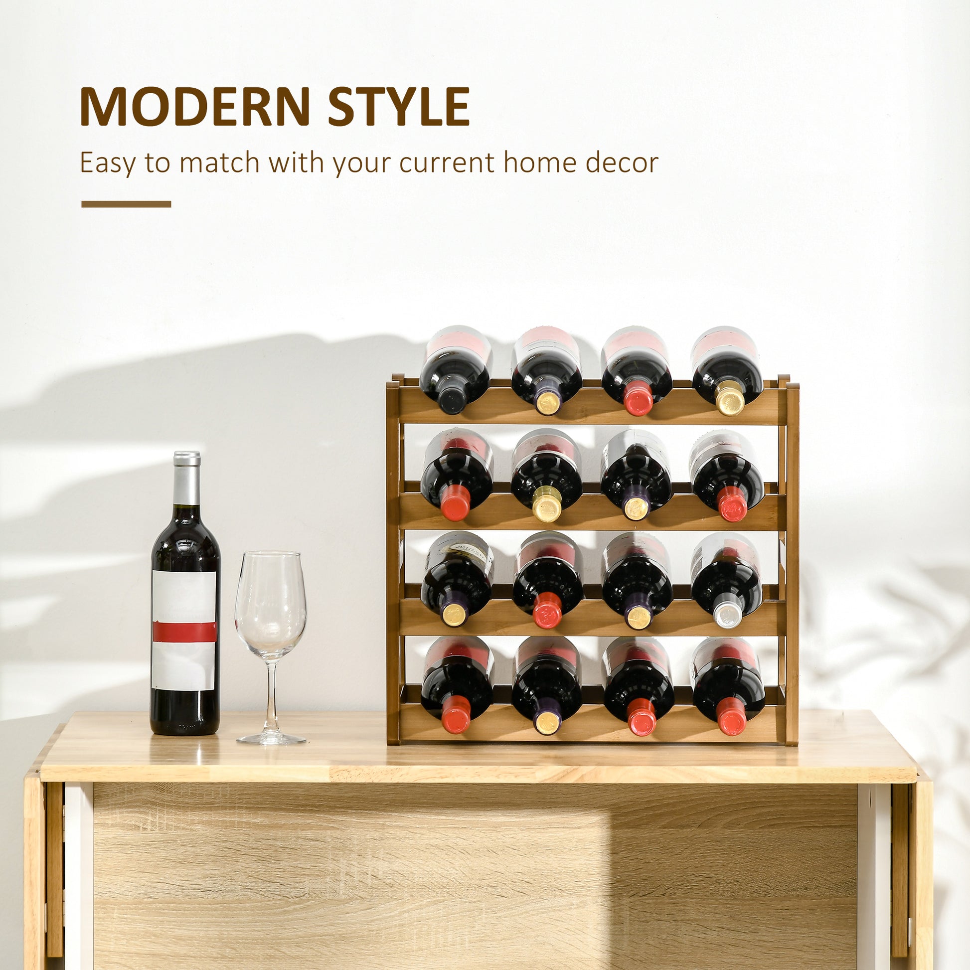 Free Standing Bamboo Wine Rack with 16 Bottles Holder, 4-tier Water Bottle Organizer, Display Shelf for Countertop, Home Bar, Brown, HOMCOM, 4