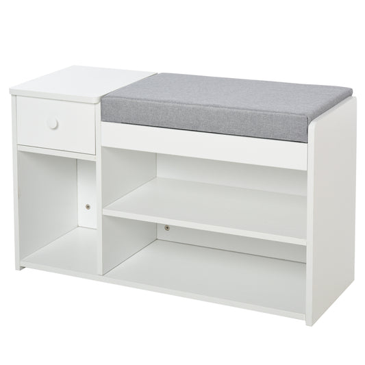 Multi-Storage Shoe Bench w/ Drawer 3 Compartments Cushioned Home Organisation Furniture Tidy Boots Hallway Entryway White, HOMCOM, 1