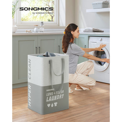 Folding Laundry Basket, 2 Compartment Laundry Basket, Large Laundry Basket, 90L, Laundry Hamper, Light Grey, SONGMICS, 1