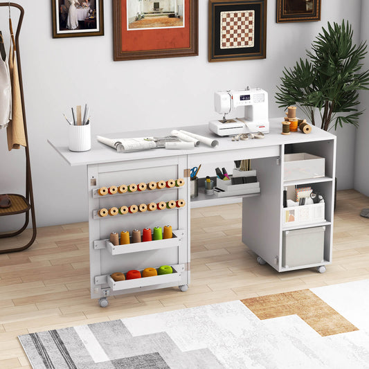 Folding Sewing Table with Storage Shelves and 18 Pegs and Lockable Casters-White, Costway, 2