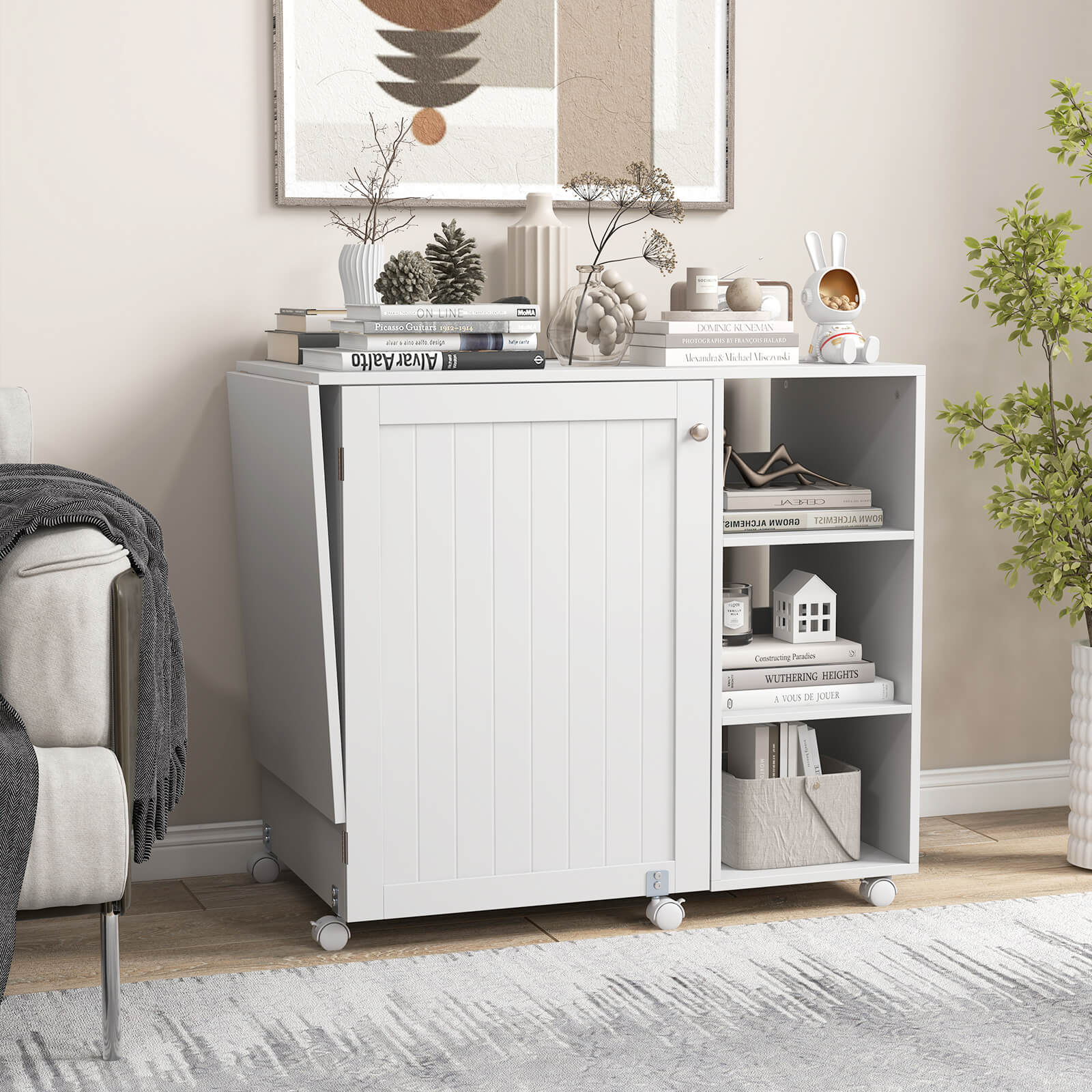 Folding Sewing Table with Storage Shelves and 18 Pegs and Lockable Casters-White, Costway, 3