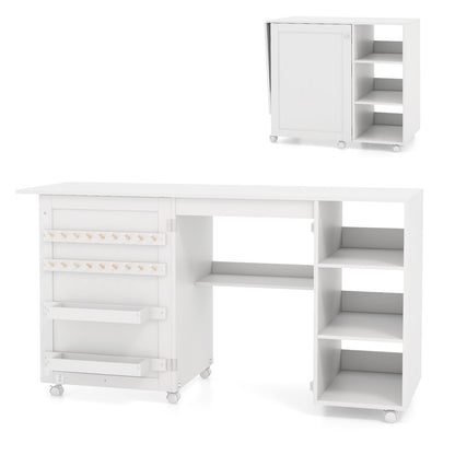 Folding Sewing Table with Storage Shelves and 18 Pegs and Lockable Casters-White, Costway, 4
