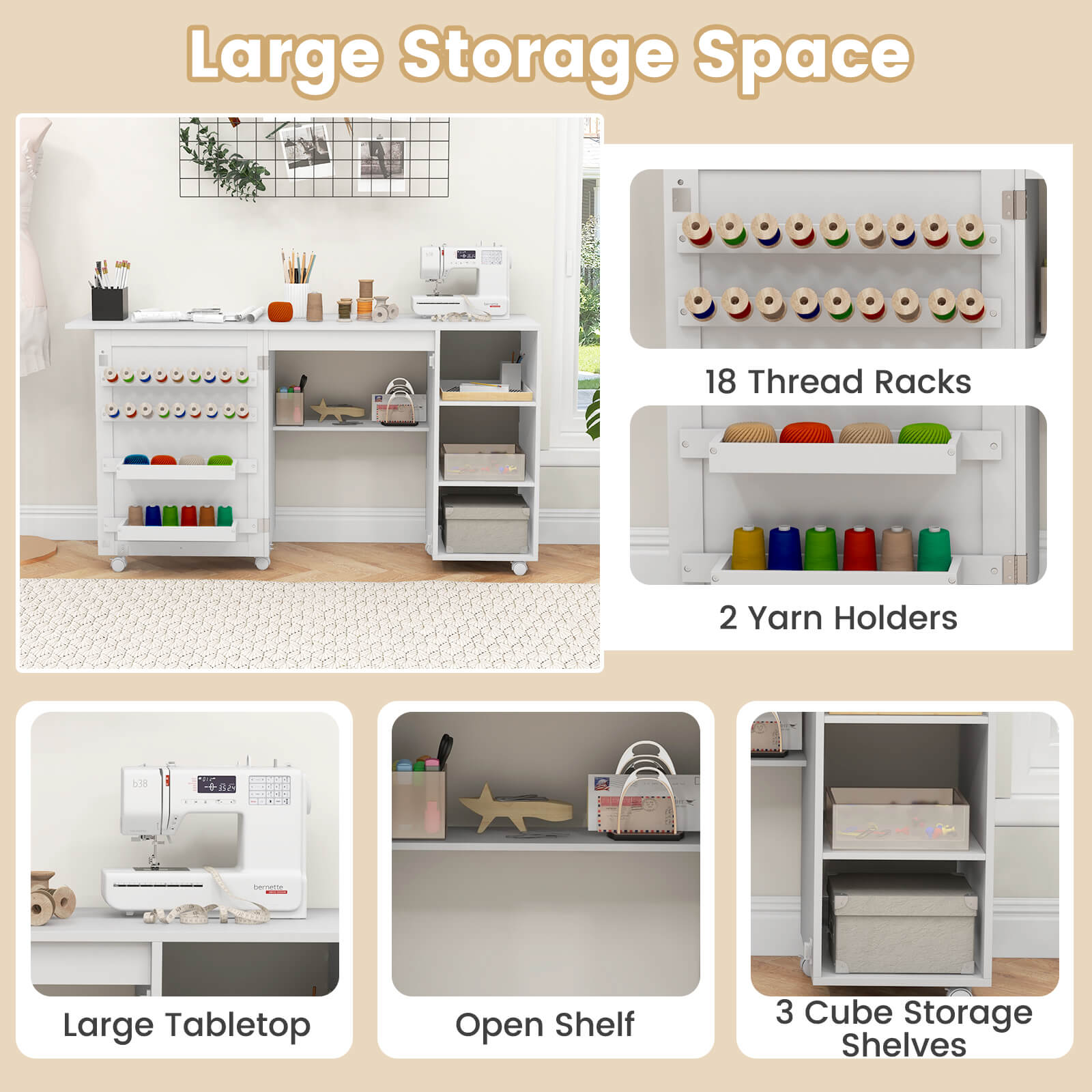 Folding Sewing Table with Storage Shelves and 18 Pegs and Lockable Casters-White, Costway, 7