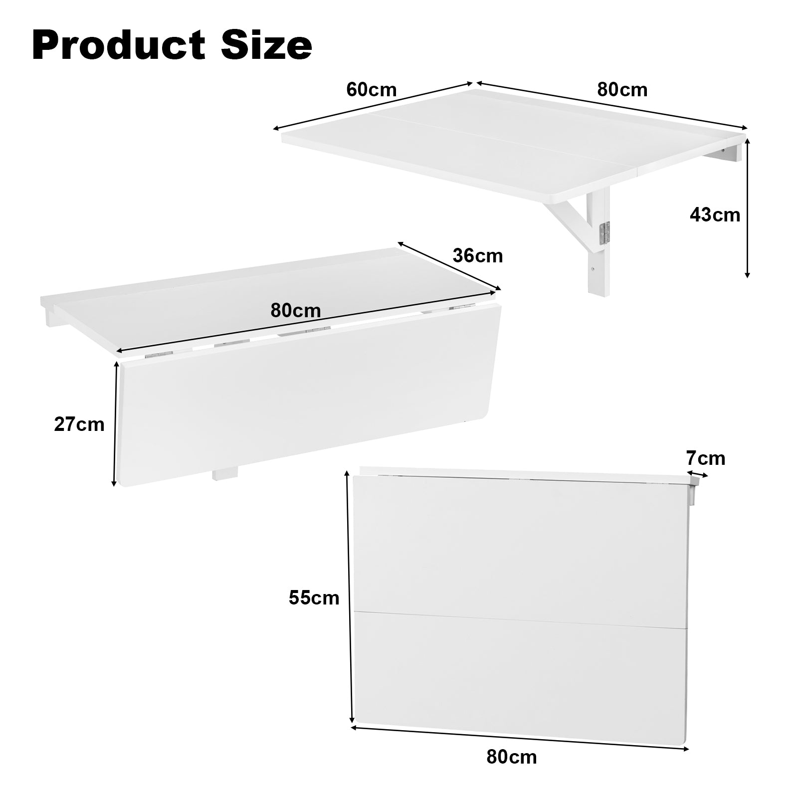 80 x 60 cm Wall Mounted Folding Table Drop-Leaf Floating Writing Desk-White, Costway, 1