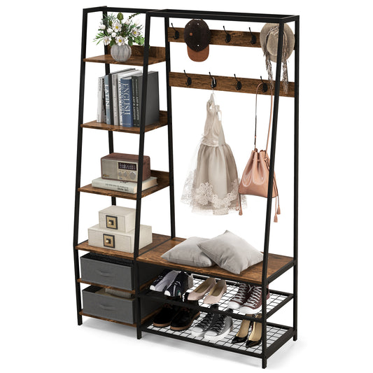 6-in-1 Freestanding Garment Coat Rack with 9 Hooks and 6 Storage Shelves, Costway, 1