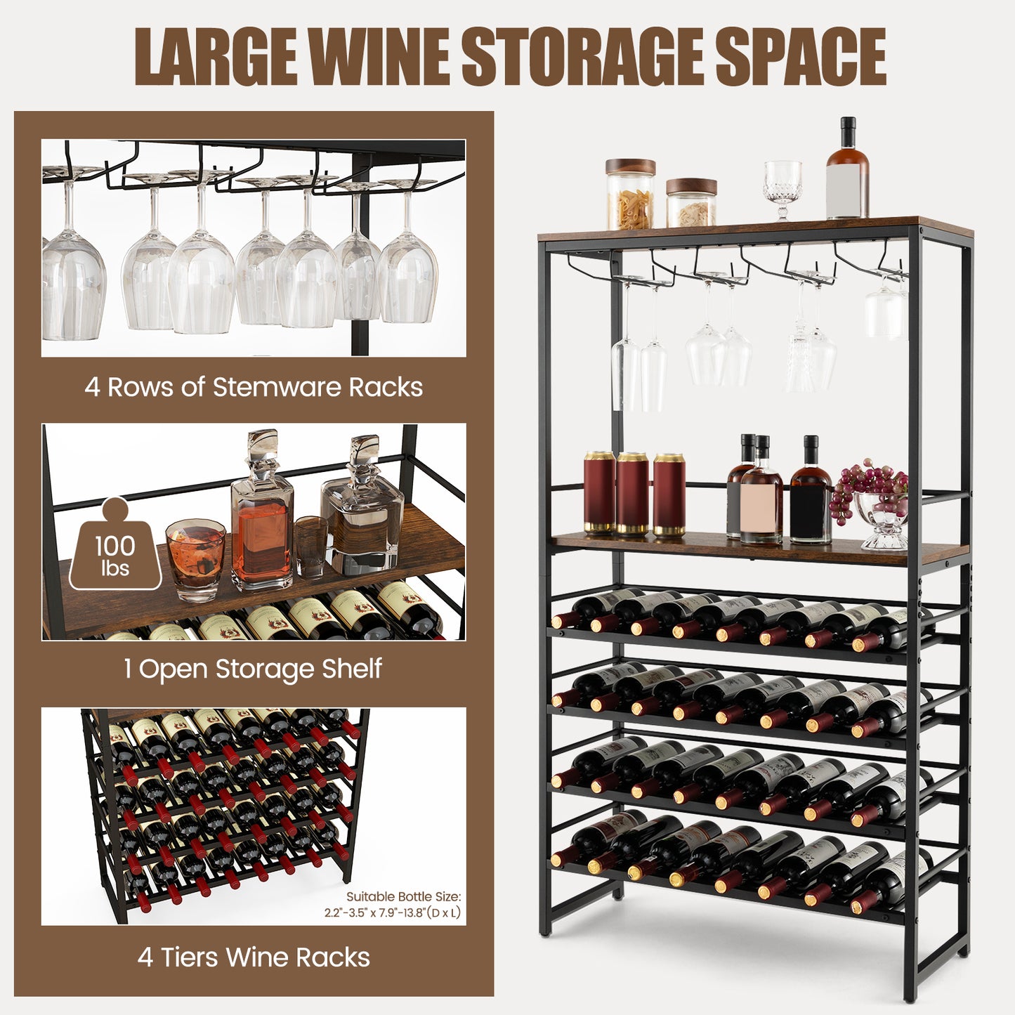 Freestanding Wine Rack with 4-Tier Wine Storage and Stemware Racks, Costway, 9