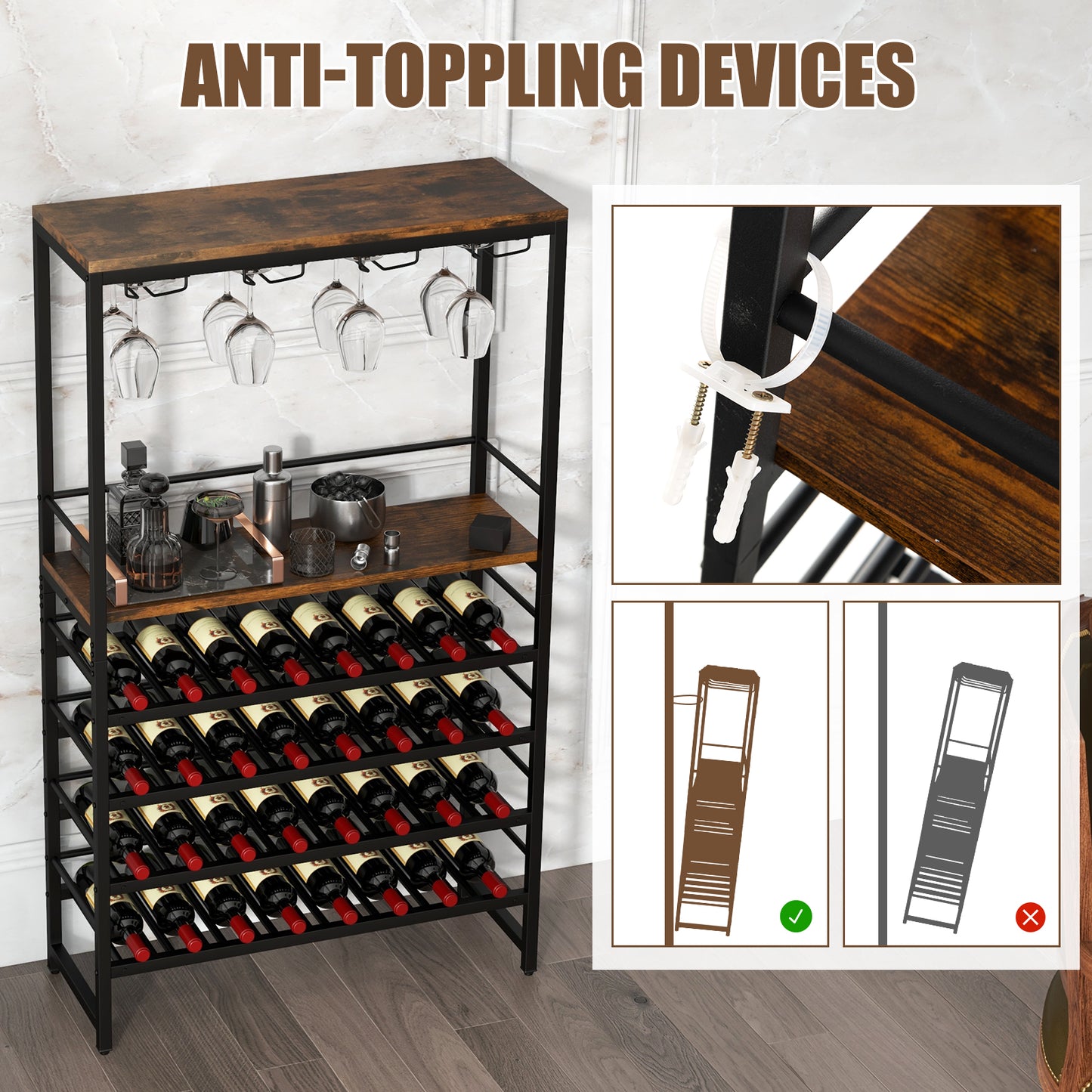 Freestanding Wine Rack with 4-Tier Wine Storage and Stemware Racks, Costway, 11