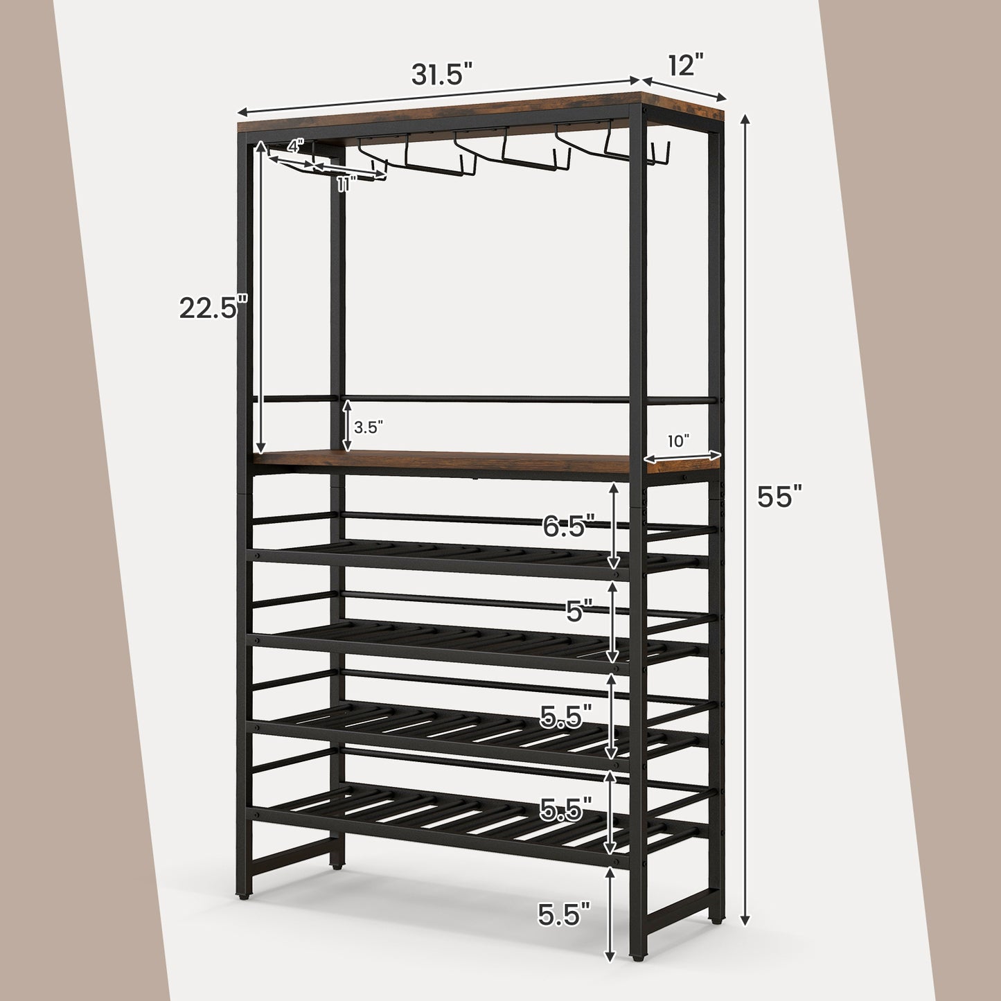 Freestanding Wine Rack with 4-Tier Wine Storage and Stemware Racks, Costway, 7