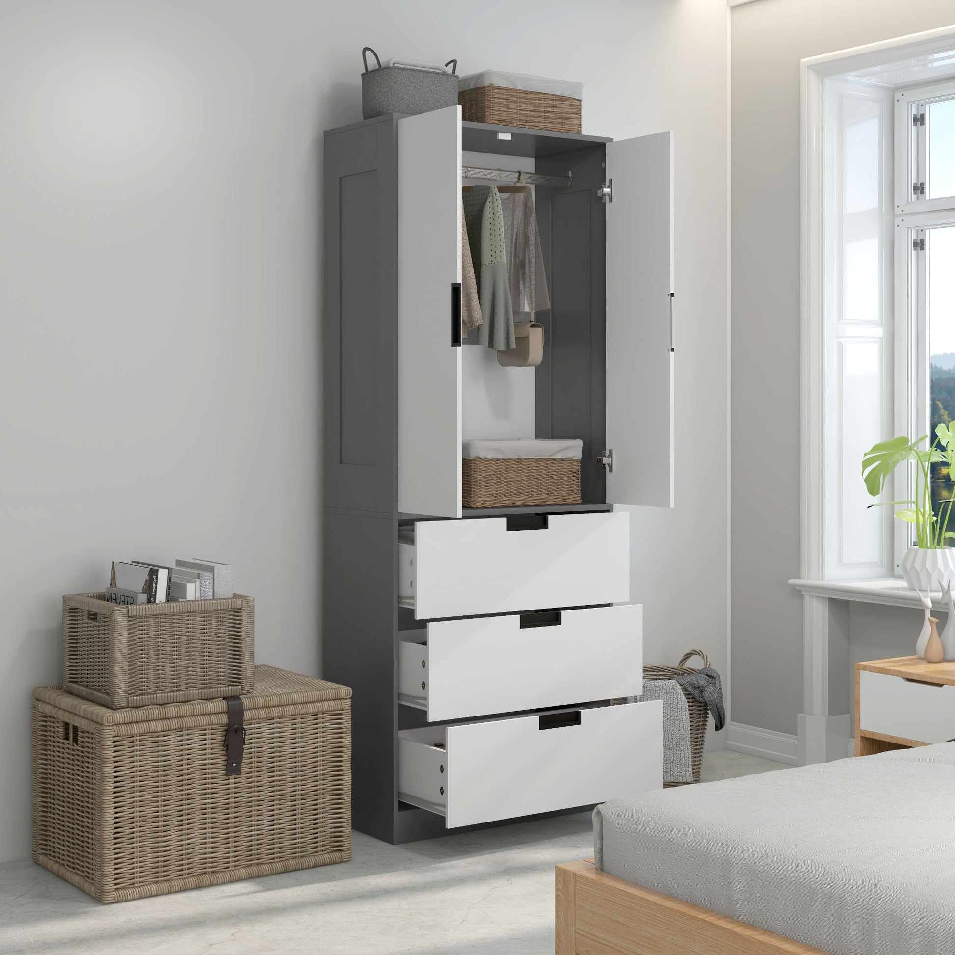 2 Door Wardrobe, Modern Wardrobe with 3 Drawers and Hanging Rod for Bedroom, Grey, HOMCOM, 2