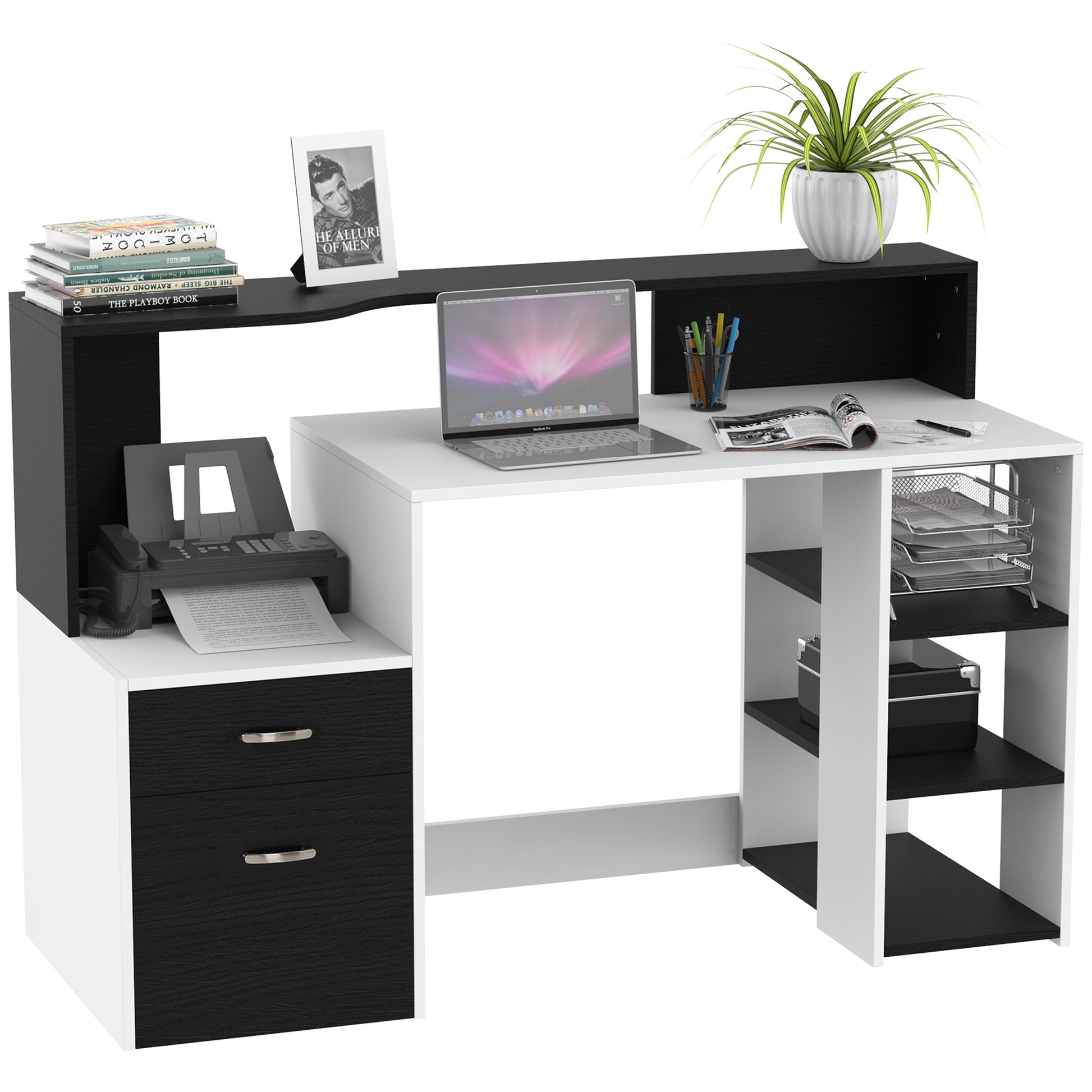 Computer Desk with Drawers and Storage Shelves, Reception Desk, Study Workstation for Home Office, 137 x 55 x 92cm, Black and White, HOMCOM, 1