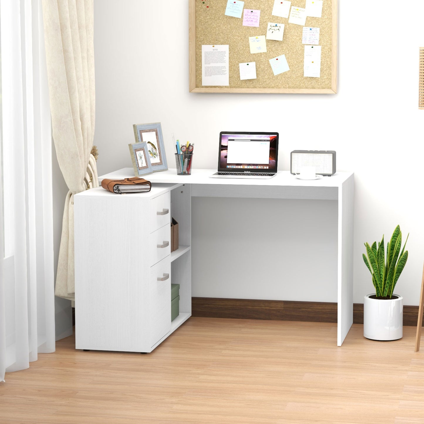 L-Shaped Computer Desk, 2 Shaped Corner Desk with Drawers, File Cabinet and Storage Shelves, Home Office Desk, 117 x 83.5 x 76cm, White, HOMCOM, 2