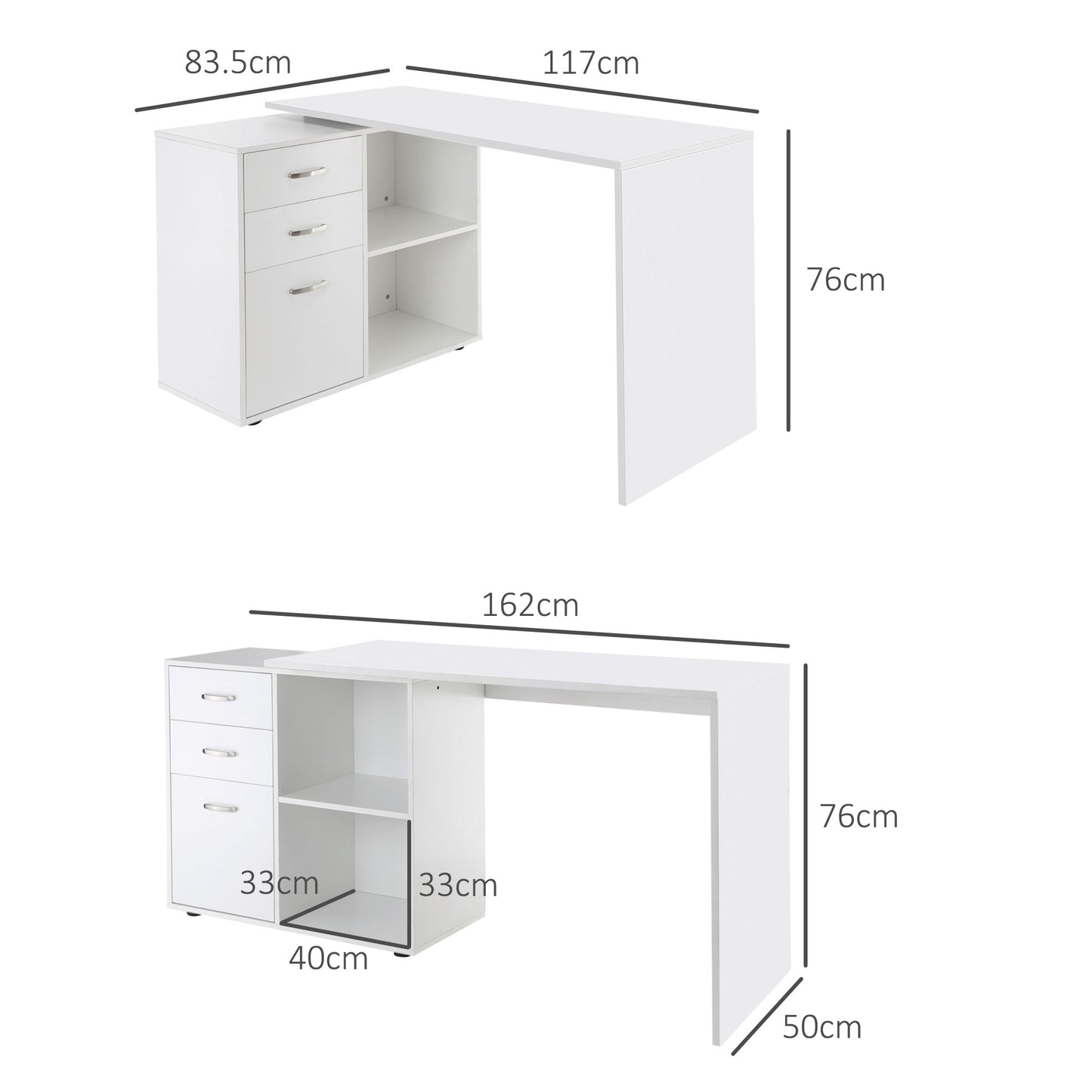 L-Shaped Computer Desk, 2 Shaped Corner Desk with Drawers, File Cabinet and Storage Shelves, Home Office Desk, 117 x 83.5 x 76cm, White, HOMCOM, 3