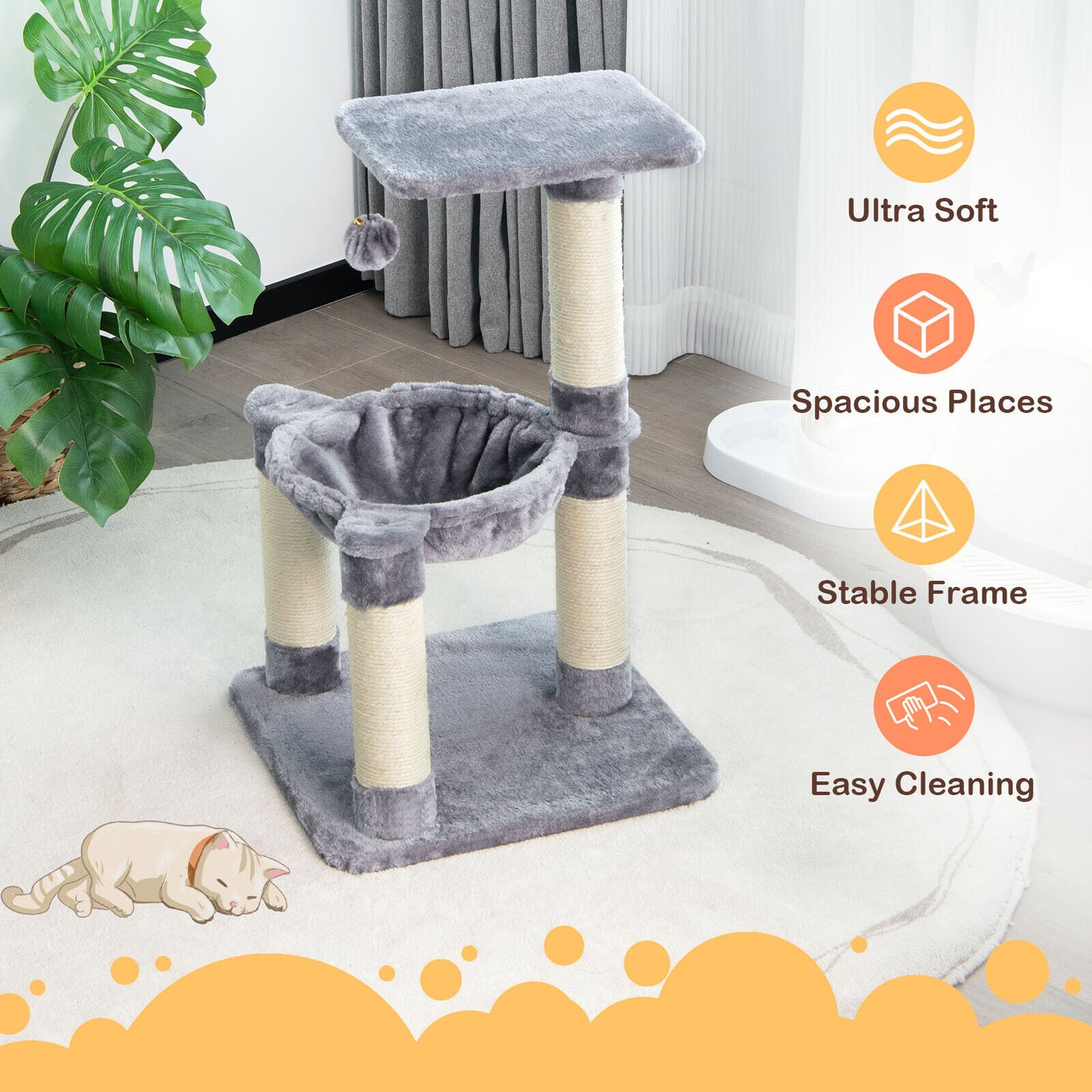 Cat Tree, Cat Tower, Cat Activity Centre, Multi-level Cat Activity Tree with Top Perch and Scratching Posts, Grey, Costway, 2