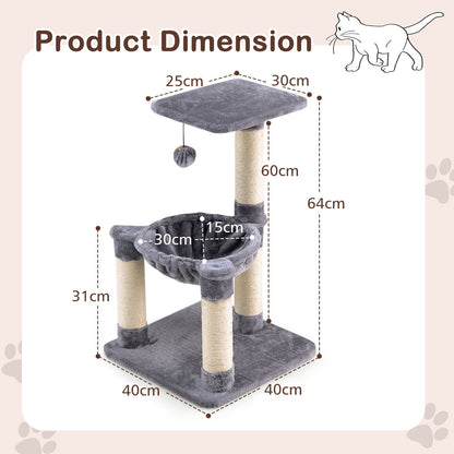 Cat Tree, Cat Tower, Cat Activity Centre, Multi-level Cat Activity Tree with Top Perch and Scratching Posts, Grey, Costway, 3