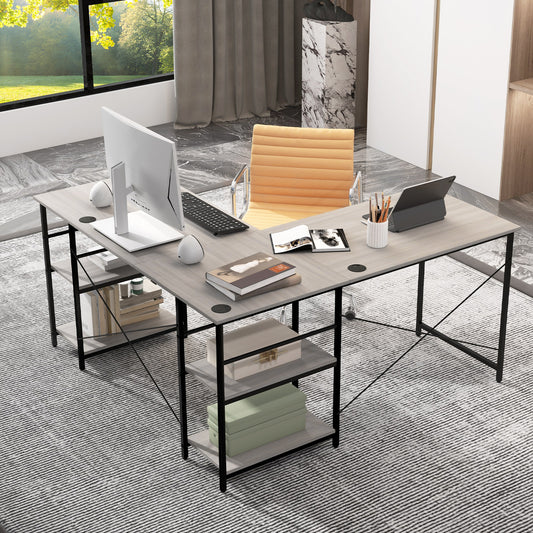 Wooden Industrial L-Shaped Desk with Storage Shelves-Grey, Costway, 2
