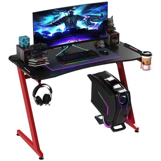 122 x 66 cm Gaming Desk, Carbon Fibre Covered Computer Desk, Gamer Workstation with Headphone Hook, Cup Holder and Gamepad Storage Rack, Black and Red, HOMCOM, 1