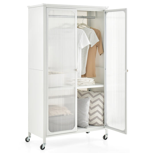 Clothes Rail, Wardrobe on Wheels, Mobile Metal Wardrobe Armoire Closet with Hanging Rod and Adjustable Shelf, White, Costway