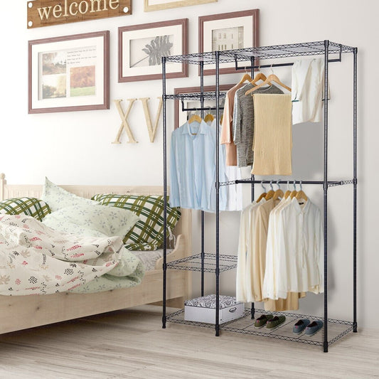 Clothes Rail, Metal Clothes Rack with 3 Hanging Rails and Shelves for Bedroom, Black, Costway