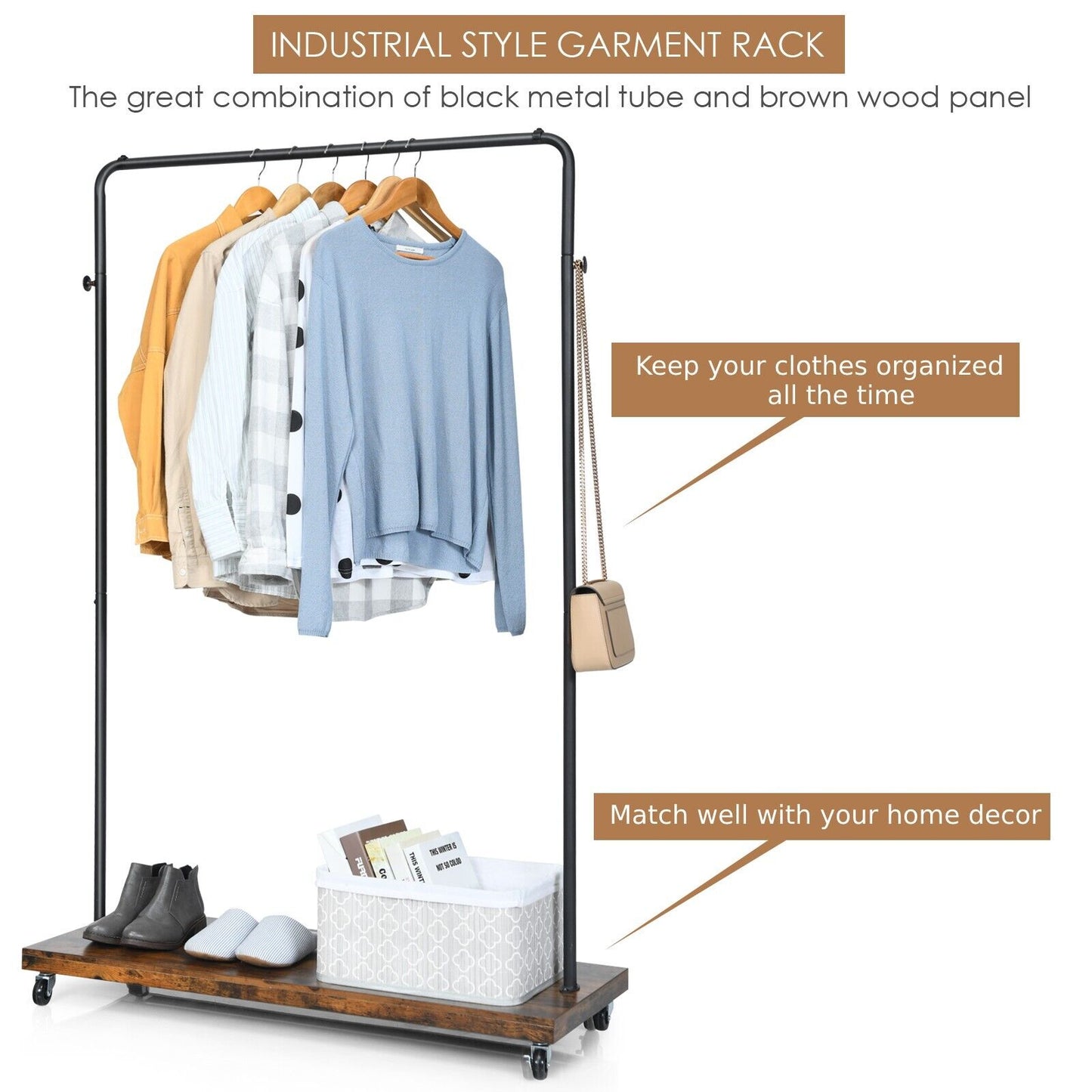 Clothes Rail, Industrial Clothes Rail, Coat Rack with Shoe Storage, Garment Rack with Wheels, Black, Costway, 1