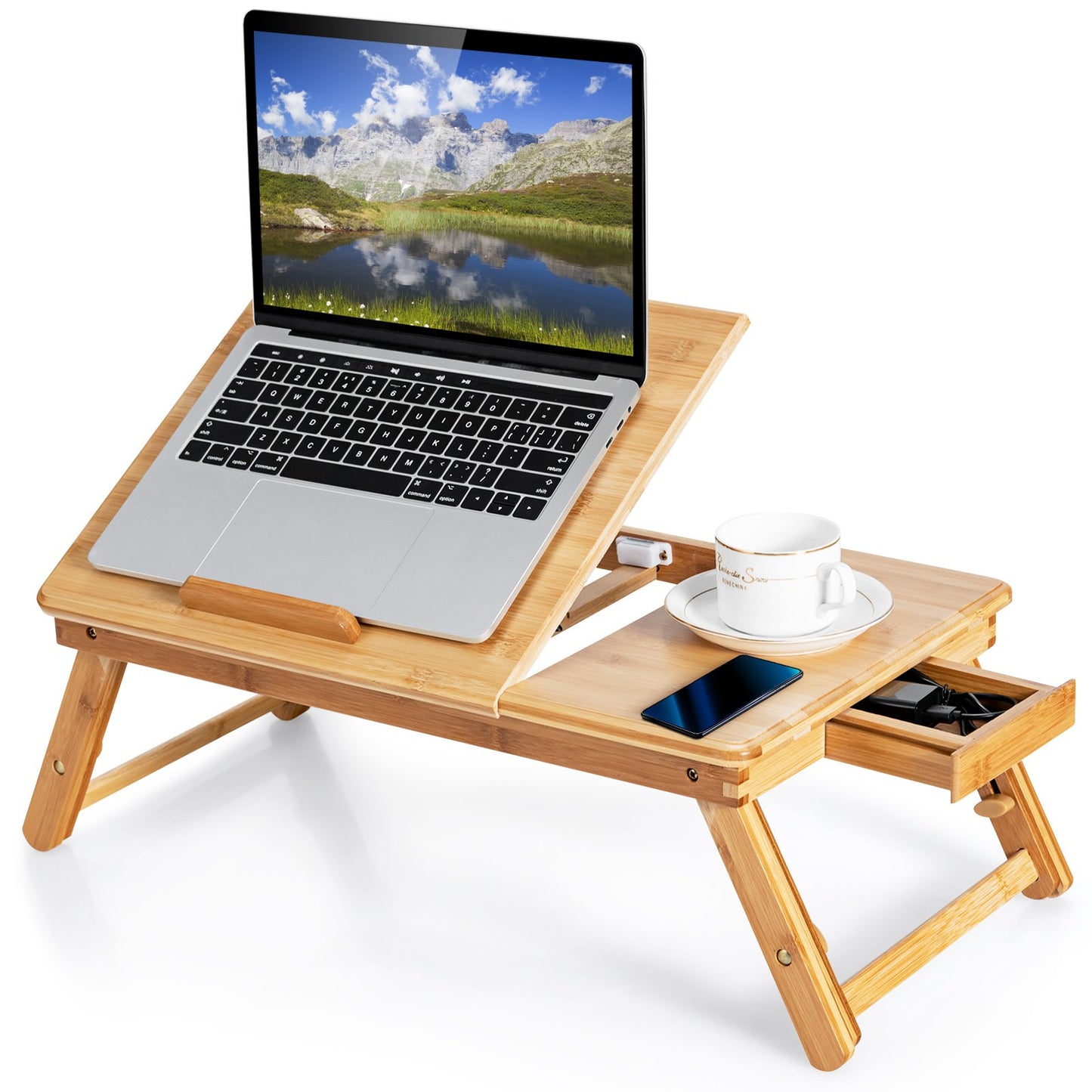 Portable Bamboo Laptop Lap Tray with Adjustable Legs and Tilting Top-Natural, Costway, 1