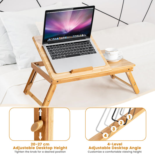 Portable Bamboo Laptop Lap Tray with Adjustable Legs and Tilting Top-Natural, Costway, 2