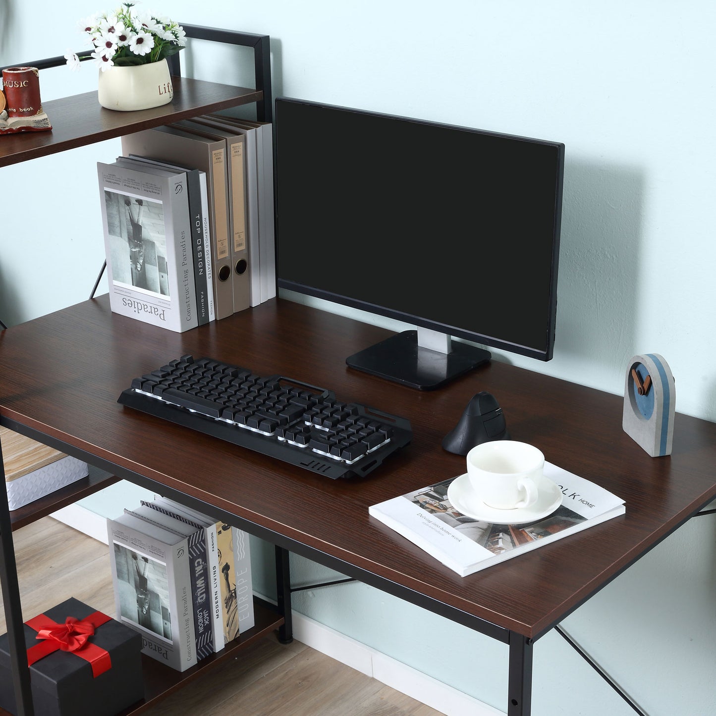 Computer Desk with Storage Shelves on Left or Right, Industrial Reversible Writing Desk for Home Office, Study, Easy Assembly, 120 x 64 x 121cm, Walnut and Black, HOMCOM, 9