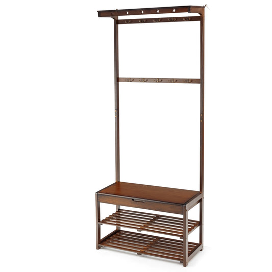 Entryway Storage Organizer with 10 Hanging Hooks and 2-Tier Shoe Shelves-Coffee, Costway, 1