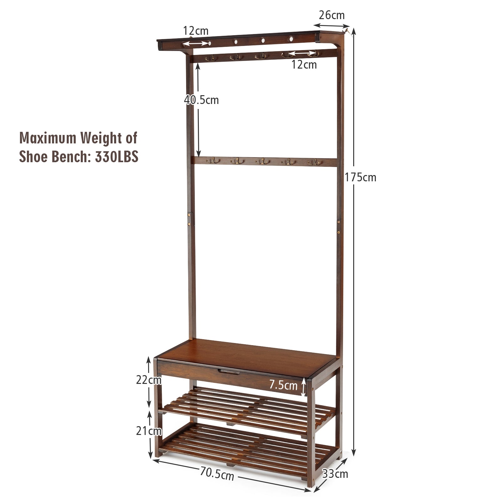 Entryway Storage Organizer with 10 Hanging Hooks and 2-Tier Shoe Shelves-Coffee, Costway, 4