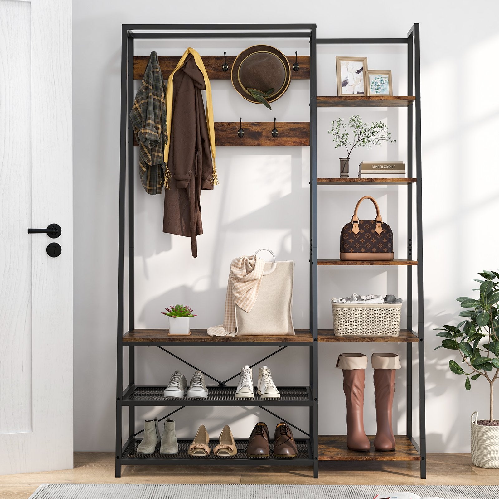 Hall Tree with Storage Bench 5-in-1 Entryway Bench with 9 Hooks-Rustic Brown, Costway, 2