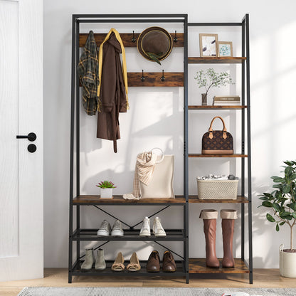 Hall Tree with Storage Bench 5-in-1 Entryway Bench with 9 Hooks-Rustic Brown, Costway, 2
