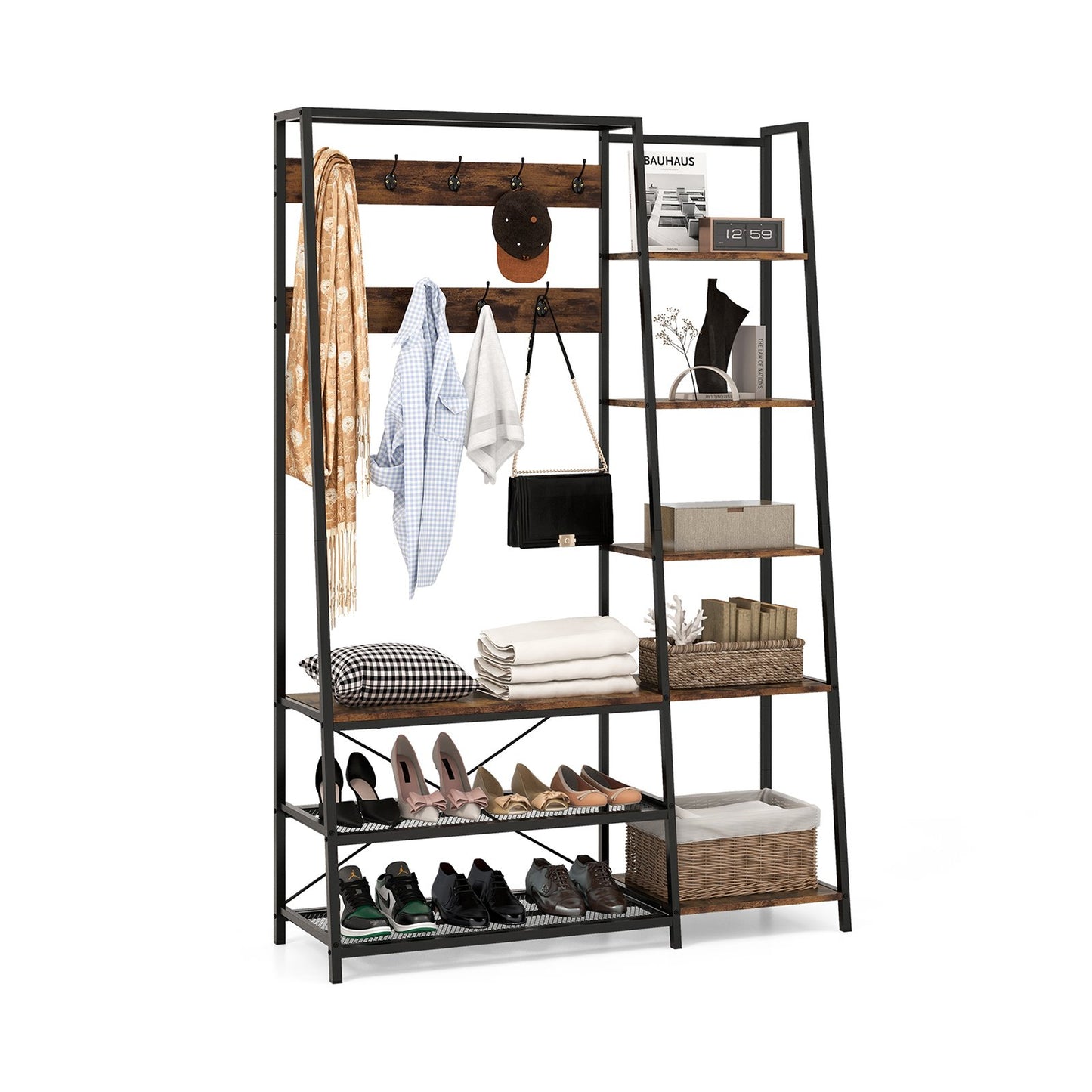Hall Tree with Storage Bench 5-in-1 Entryway Bench with 9 Hooks-Rustic Brown, Costway, 1