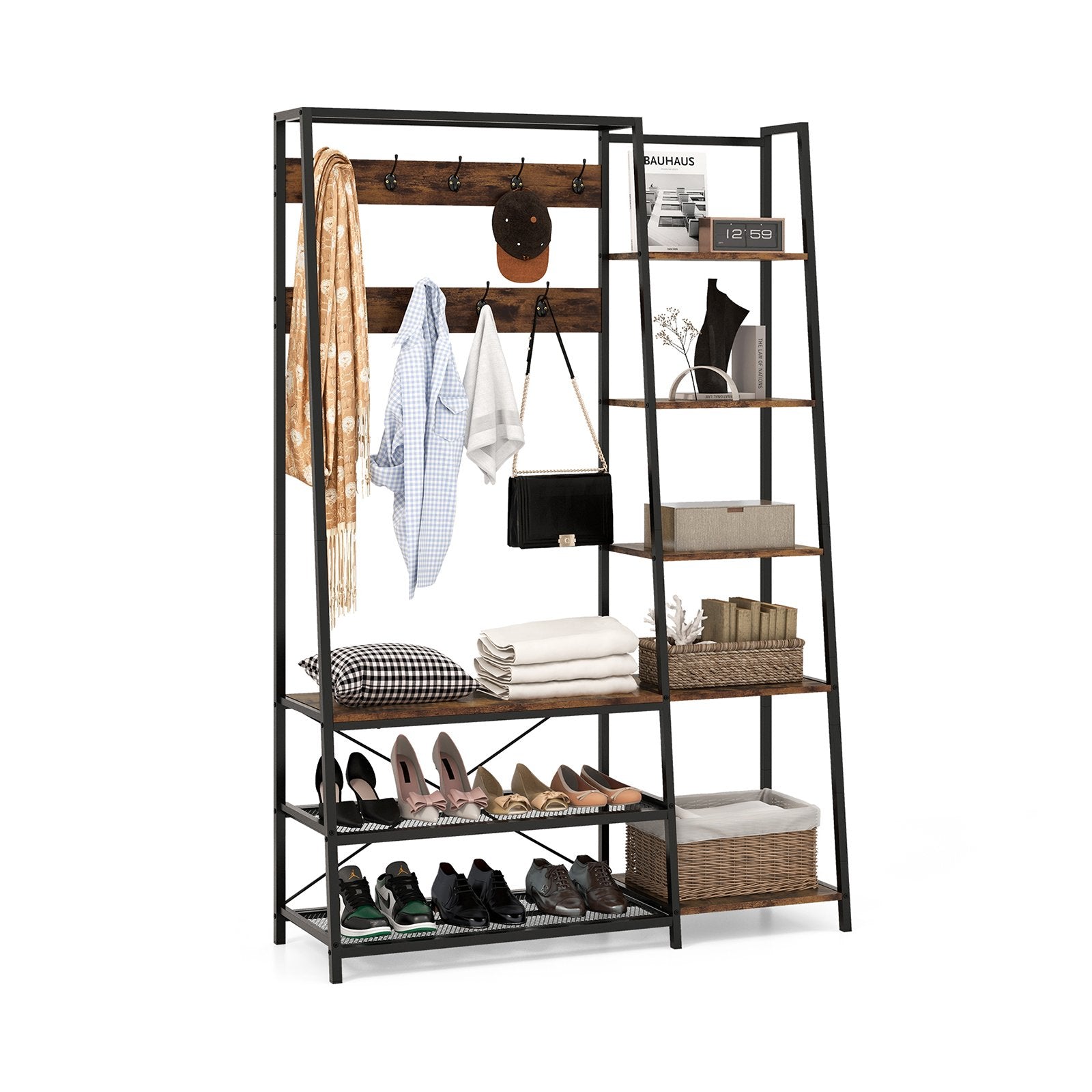 Hall Tree with Storage Bench 5-in-1 Entryway Bench with 9 Hooks-Rustic Brown, Costway, 1