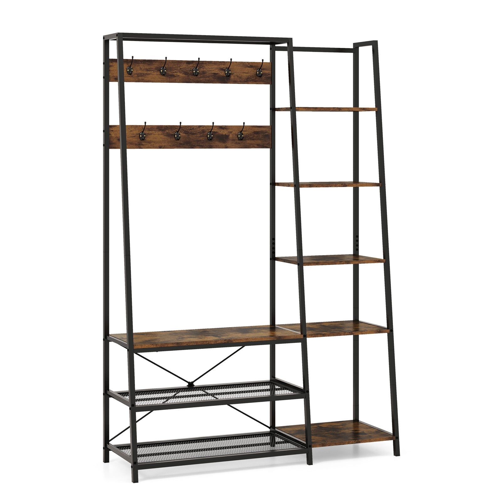 Hall Tree with Storage Bench 5-in-1 Entryway Bench with 9 Hooks-Rustic Brown, Costway, 4