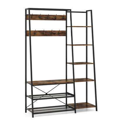 Hall Tree with Storage Bench 5-in-1 Entryway Bench with 9 Hooks-Rustic Brown, Costway, 4