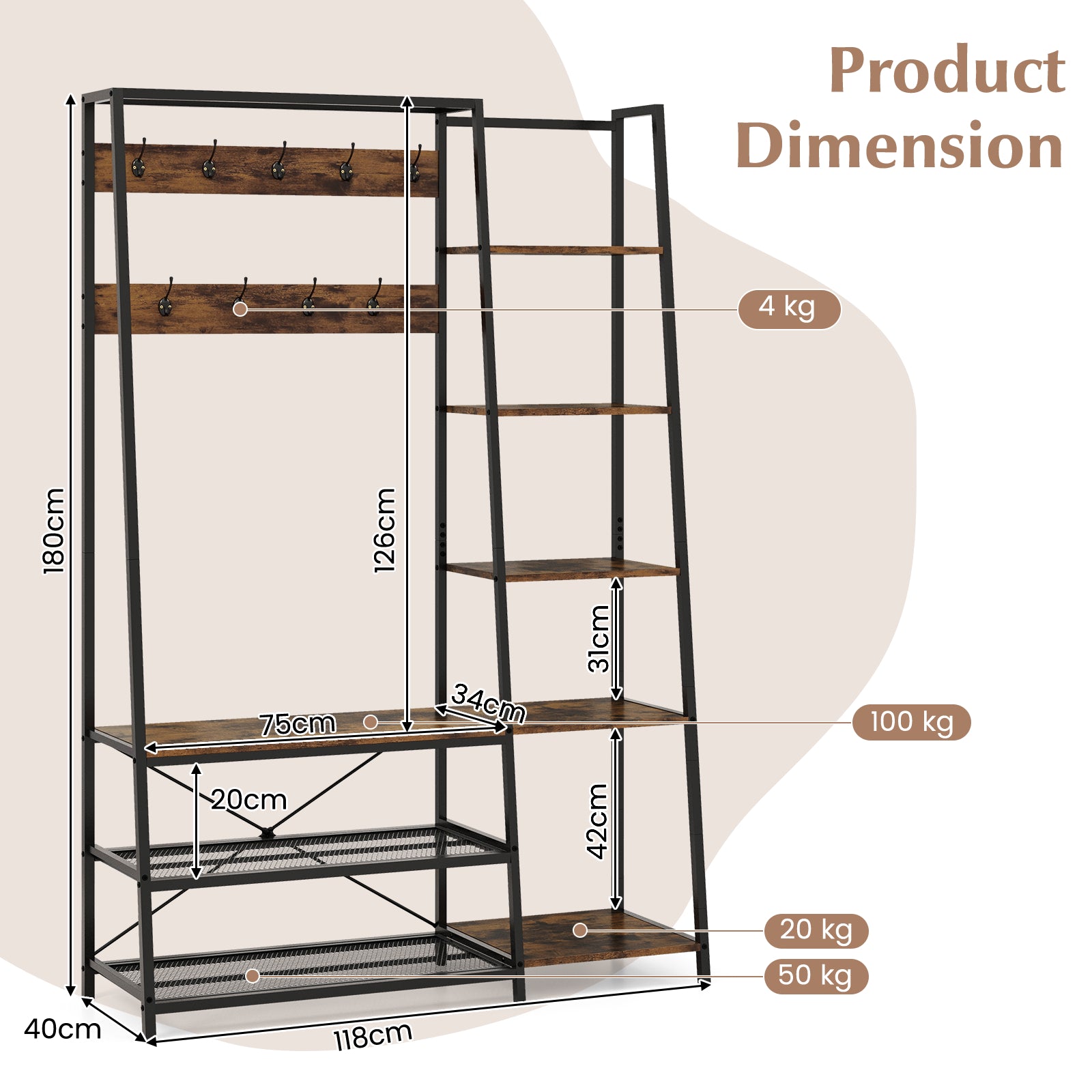 Hall Tree with Storage Bench 5-in-1 Entryway Bench with 9 Hooks-Rustic Brown, Costway, 5