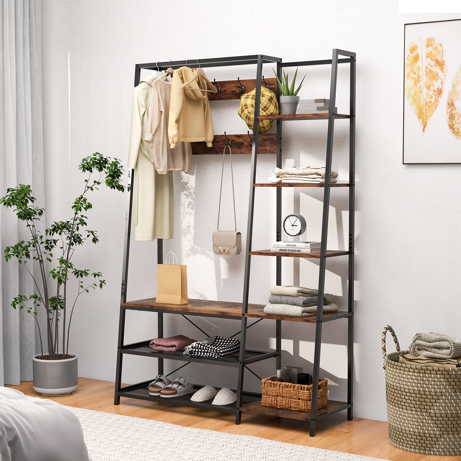 Hall Tree with Storage Bench 5-in-1 Entryway Bench with 9 Hooks-Rustic Brown, Costway, 6