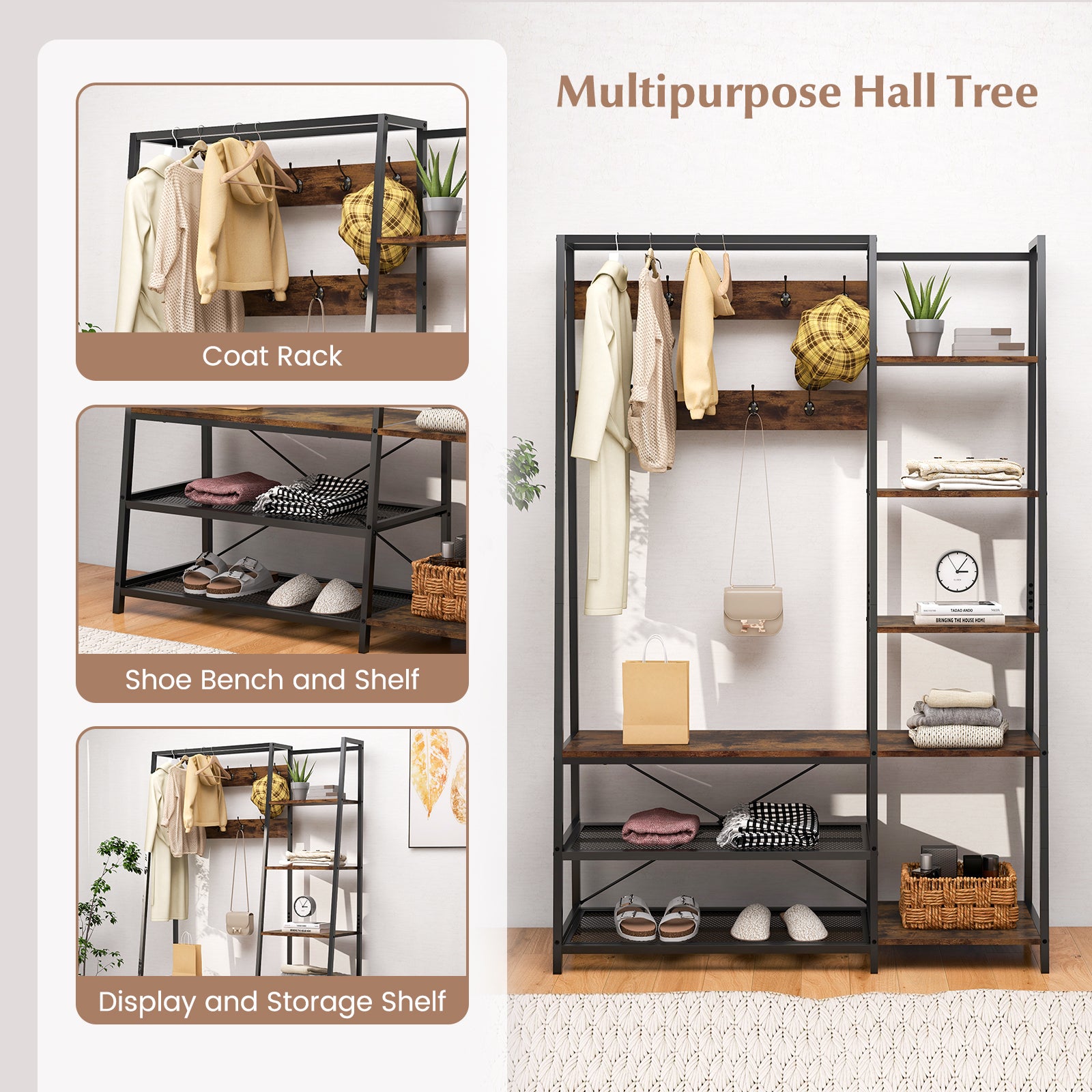 Hall Tree with Storage Bench 5-in-1 Entryway Bench with 9 Hooks-Rustic Brown, Costway, 7