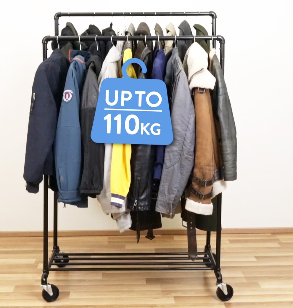 Clothes Rack, Heavy Duty Clothes Rail, Holds up to 110 Kg, on Wheels with 2 Rods and Shelf, Black, Tatkraft Pantera, 3