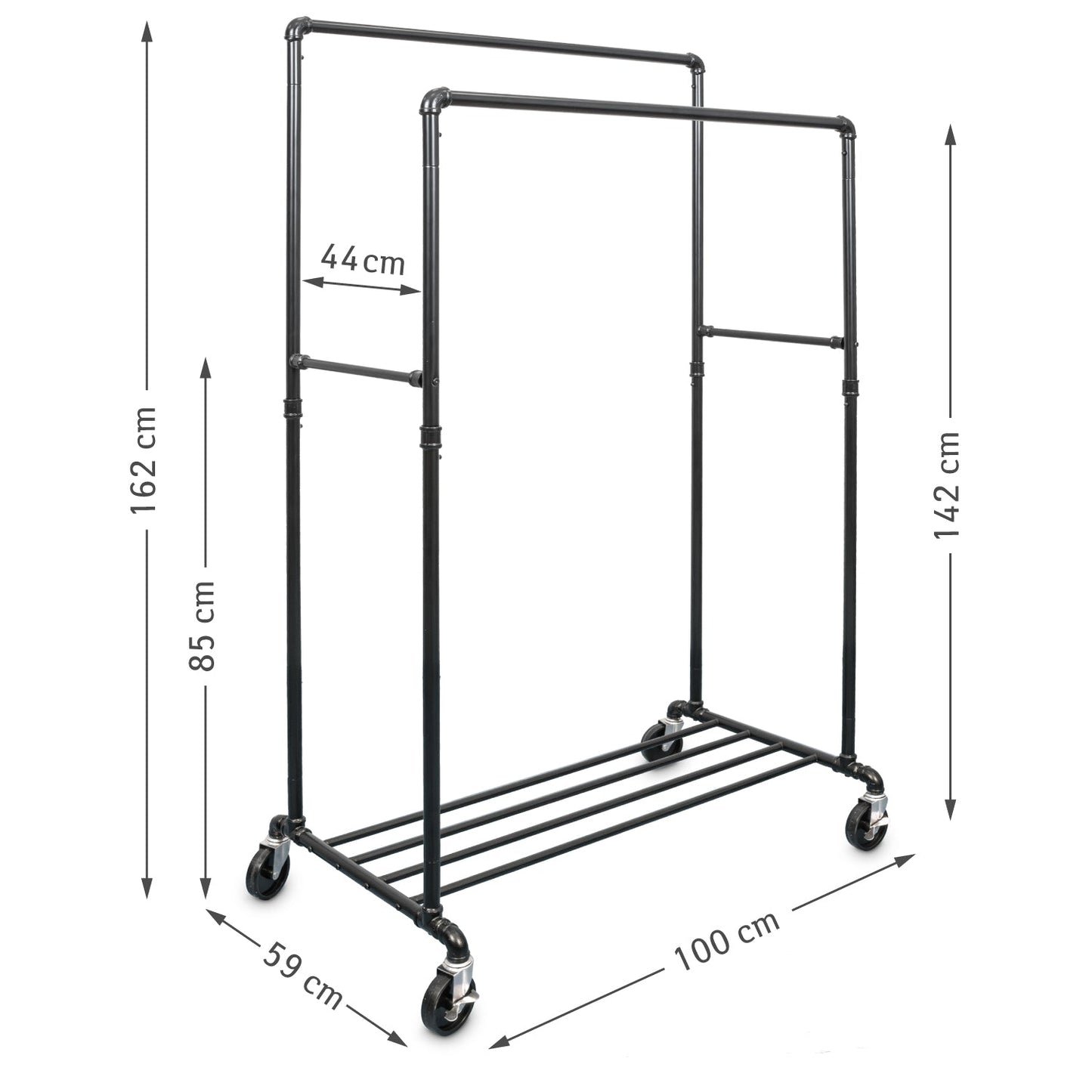 Clothes Rack, Heavy Duty Clothes Rail, Holds up to 110 Kg, on Wheels with 2 Rods and Shelf, Black, Tatkraft Pantera, 8
