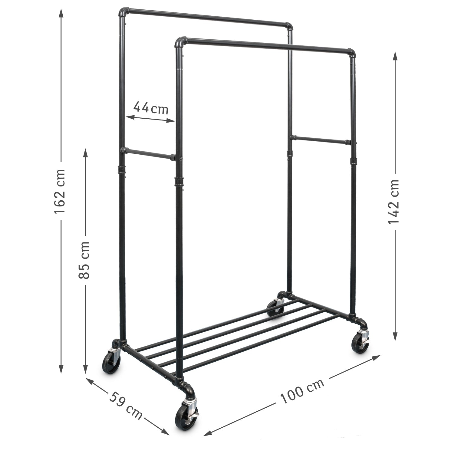 Clothes Rack, Heavy Duty Clothes Rail, Holds up to 110 Kg, on Wheels with 2 Rods and Shelf, Black, Tatkraft Pantera, 8