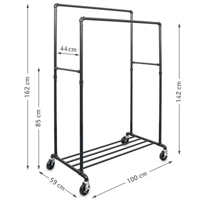 Clothes Rack, Heavy Duty Clothes Rail, Holds up to 110 Kg, on Wheels with 2 Rods and Shelf, Black, Tatkraft Pantera, 8