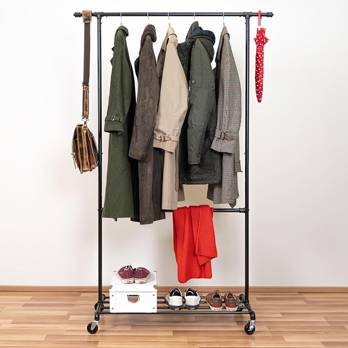 Clothes Rail on Wheels, Heavy Duty, Double Rail, with Shelf for Shoe Storage, Industrial Design, Black Metal, Tatkraft Drago, 1