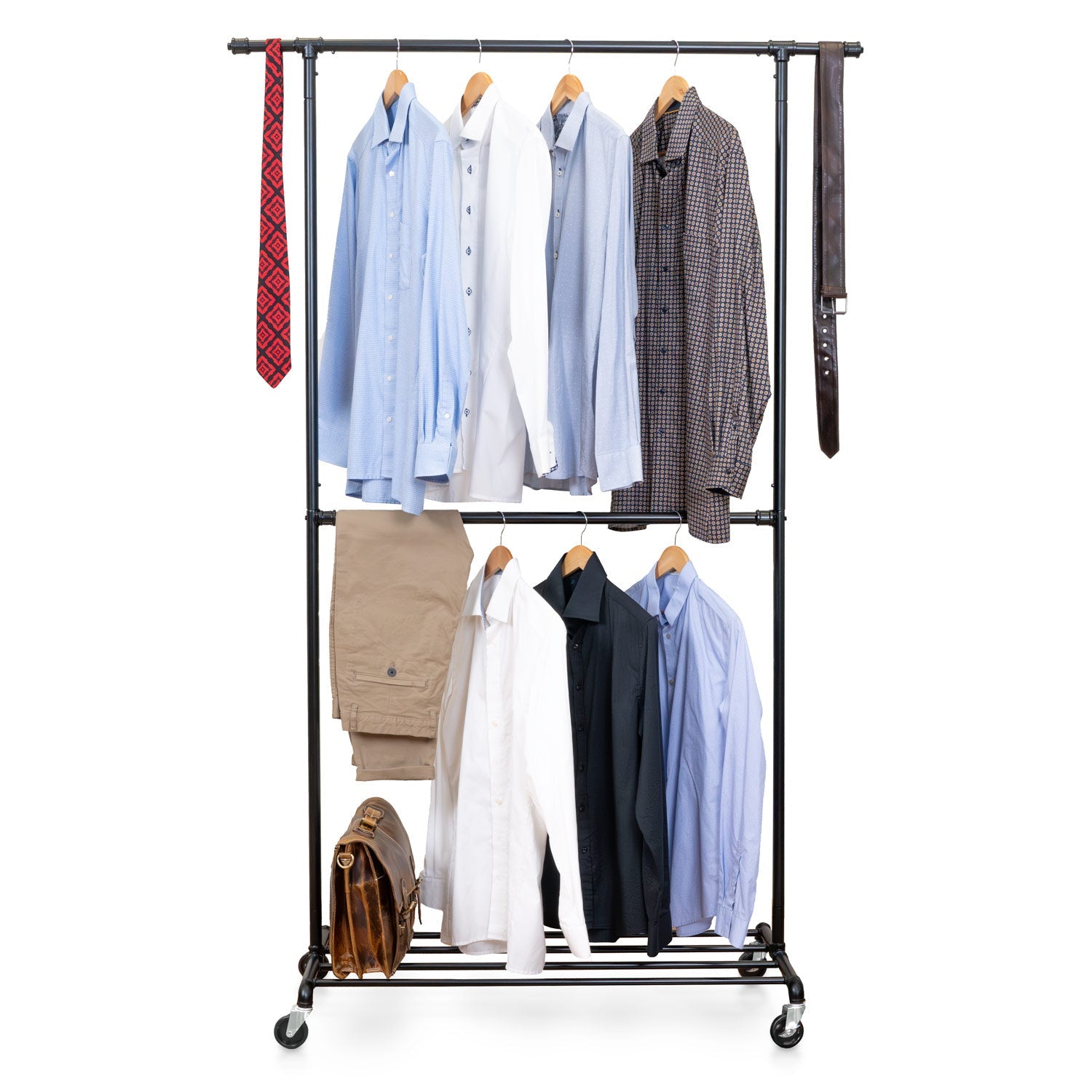Clothes Rail on Wheels, Heavy Duty, Double Rail, with Shelf for Shoe Storage, Industrial Design, Black Metal, Tatkraft Drago, 2