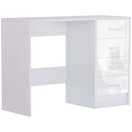 Computer Desk with Drawers, Dressing Table, High Gloss Home Office Writing Workstation, White, HOMCOM, 1